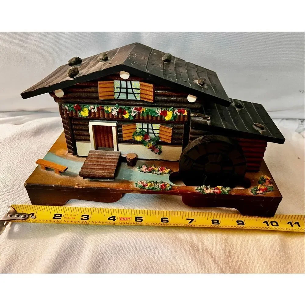 VTG 1960's Log Cabin Cottage Mill Moving Water Wheel Jewelry Music Box Japan